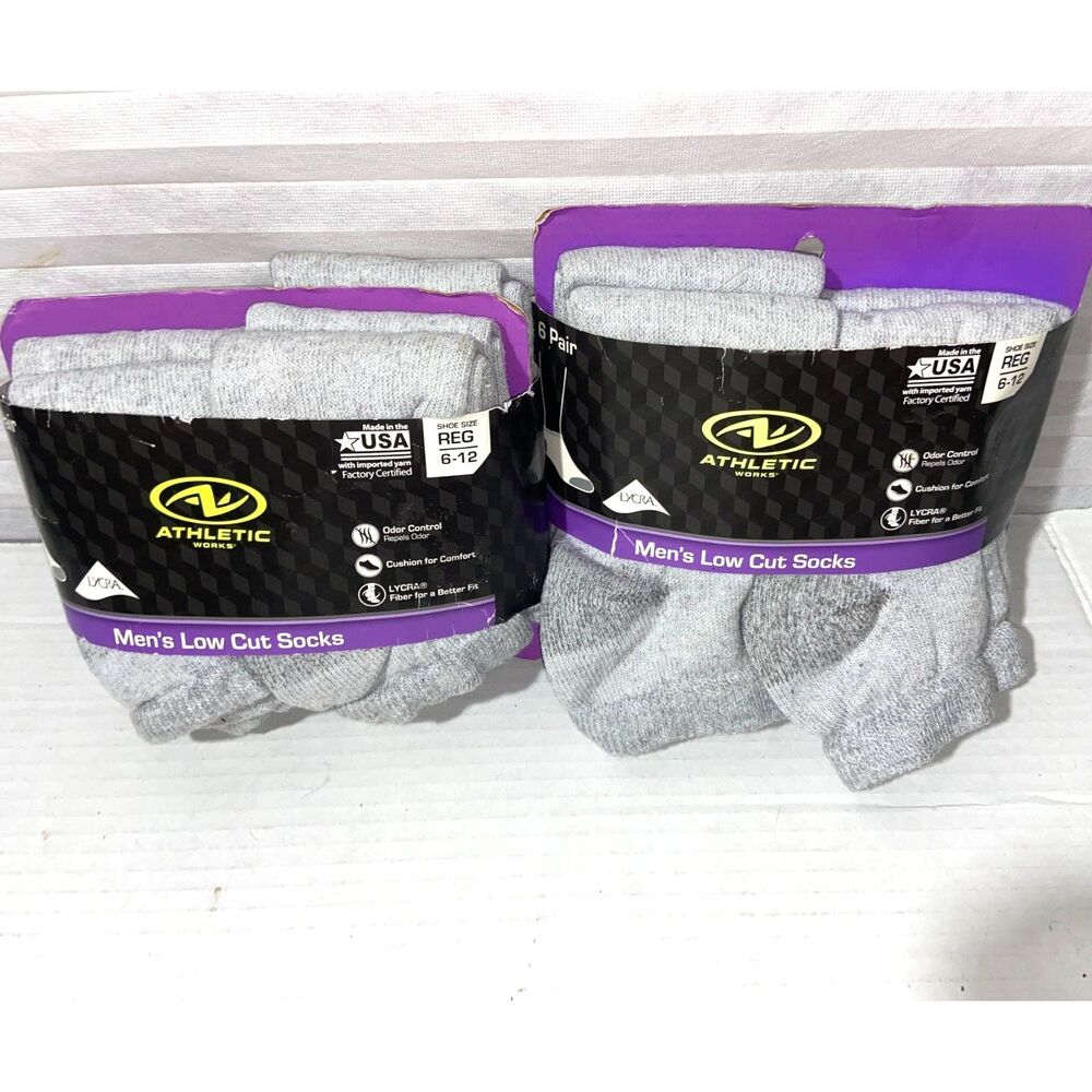 2 Athletic Works Men's Low Cut Gray Socks, 6-Pack New Shoe Size 6-12